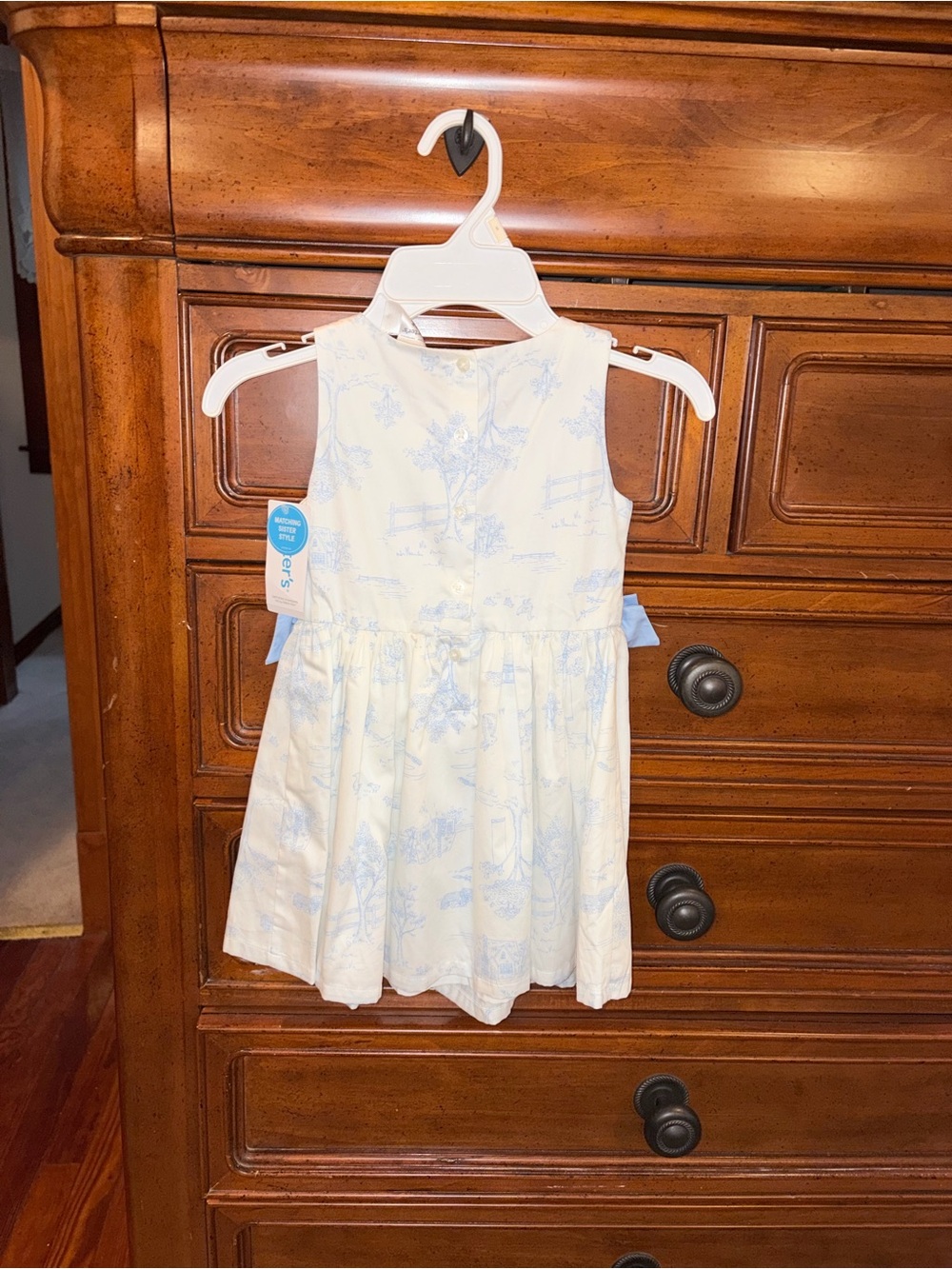 Carter’s 3T Blue Toile Print Sleeveless Dress NWT White Bow Easter Spring - Picture 2 of 4